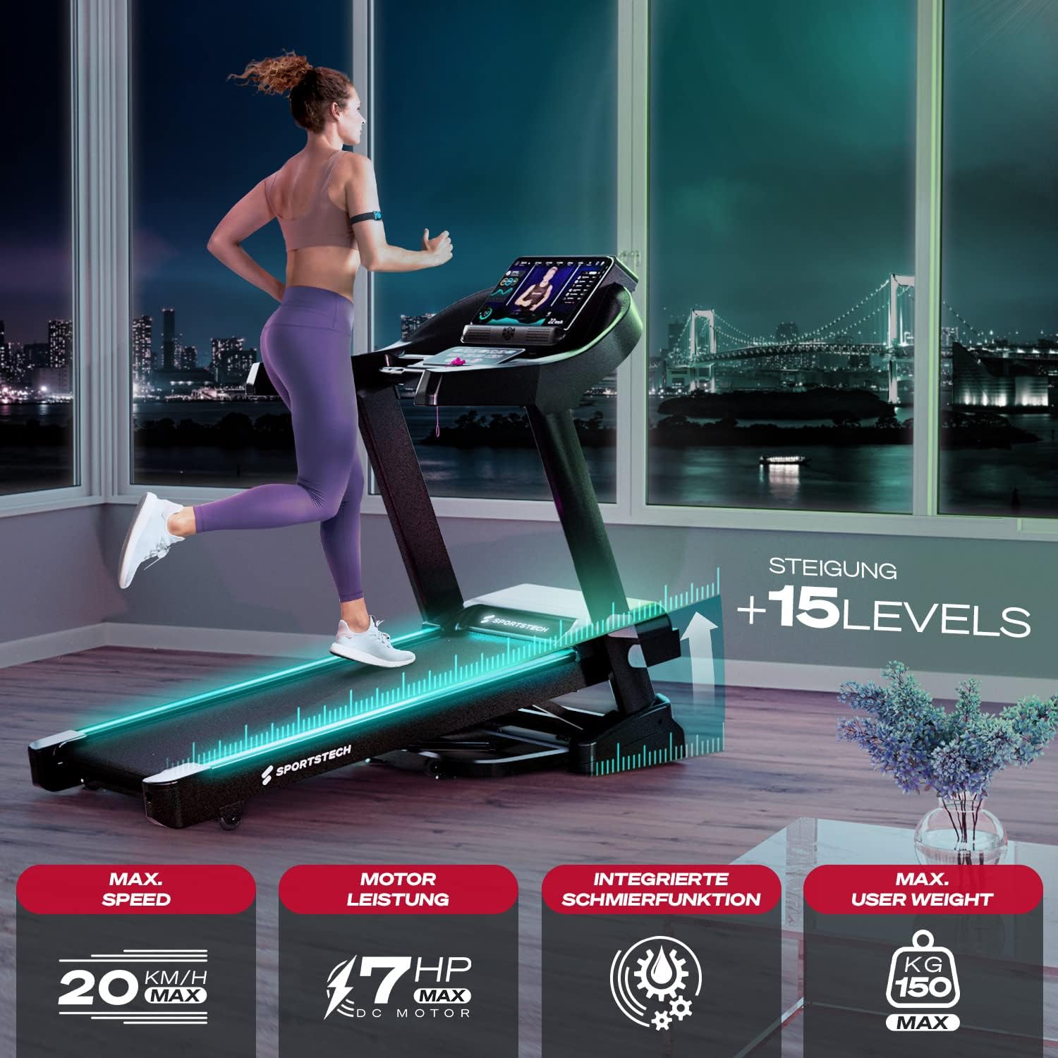 Sportstech F37s: Klappbares Laufband, 7 PS, 20 km/h, Steigung & App